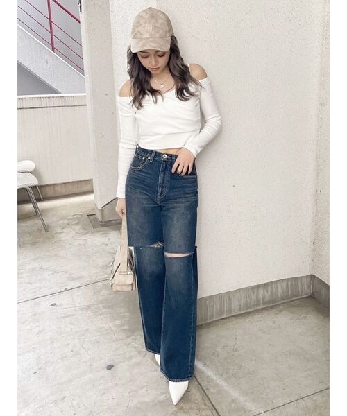 GYDA（ジェイダ）の「ハイウエストfront and backダメージワイドデニムパンツ（デニムパンツ・レディース・ベージュ/インディゴブルー・MEDIUM/SMALL）」の3枚目の写真