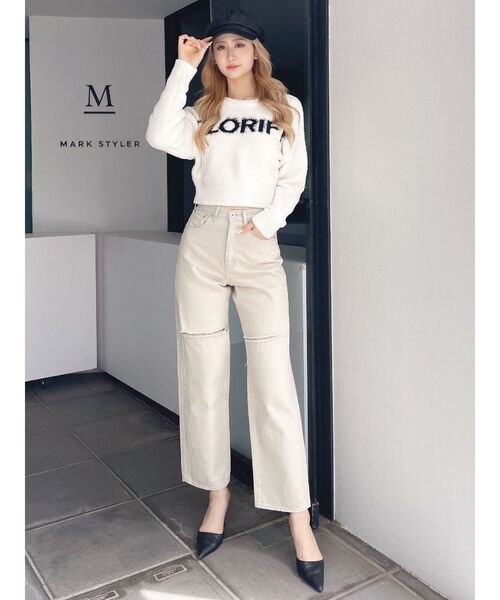 GYDA（ジェイダ）の「ハイウエストfront and backダメージワイドデニムパンツ（デニムパンツ・レディース・ベージュ/インディゴブルー・MEDIUM/SMALL）」の4枚目の写真