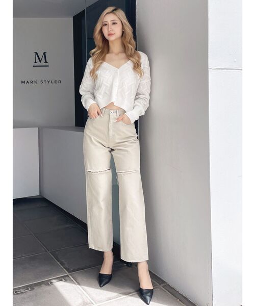 GYDA（ジェイダ）の「ハイウエストfront and backダメージワイドデニムパンツ（デニムパンツ・レディース・ベージュ/インディゴブルー・MEDIUM/SMALL）」の6枚目の写真