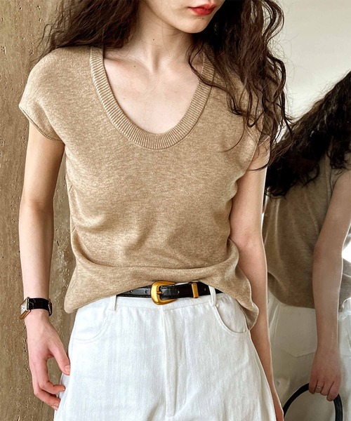 OSYAREVO(オシャレボ)の「ニット Tシャツ トップス(Tシャツ/カットソー・レディース・ミックスグレー/ブラック/ベージュ/ホワイト・FREE)」の5枚目の写真