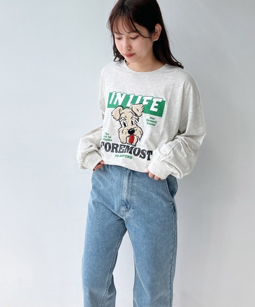 AS KNOW AS plus（アズノゥアズプラス）の「◇サガラ刺繍 ドッグプリントロンT（Tシャツ/カットソー・レディース・ネイビー/オフホワイト/オートミール/スミクロ・FREE）」の5枚目の写真