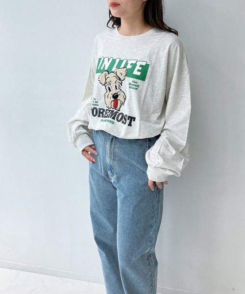 AS KNOW AS plus（アズノゥアズプラス）の「◇サガラ刺繍 ドッグプリントロンT（Tシャツ/カットソー・レディース・ネイビー/オフホワイト/オートミール/スミクロ・FREE）」の6枚目の写真