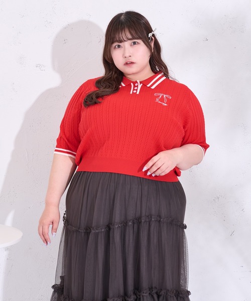 セール】【大きいサイズ】リボンケーブルポロニット（ニット/セーター 