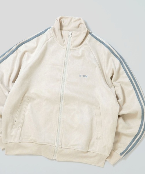 Ritzy(リッツィー)の「faux suede track jacket/スウェードタッチ ワンポイント刺繍 袖ライン トラックジャケット レディース メンズ(ジャージ・メンズ・グレイッシュベージュ/ブラック/サックスブルー/チャコールグレー/オフホワイト・XL/L/M)」の2枚目の写真