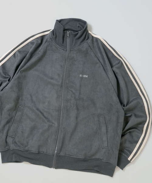 Ritzy(リッツィー)の「faux suede track jacket/スウェードタッチ ワンポイント刺繍 袖ライン トラックジャケット レディース メンズ(ジャージ・メンズ・グレイッシュベージュ/ブラック/サックスブルー/チャコールグレー/オフホワイト・XL/L/M)」の4枚目の写真