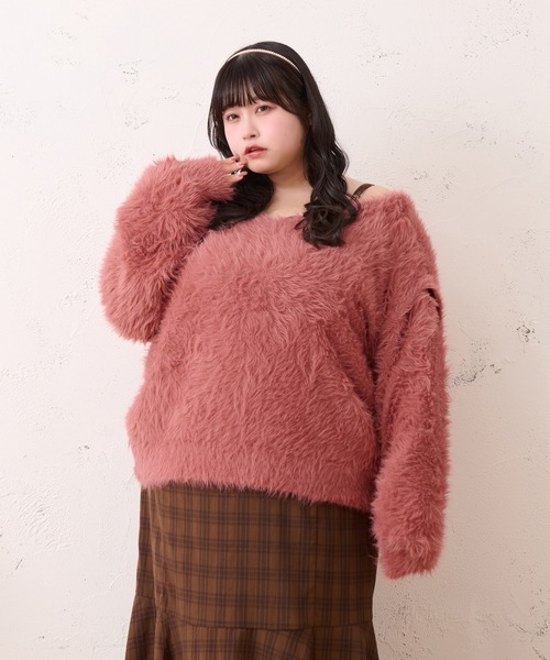 Louiosy(ルオシー)の「【大きいサイズ】マルチウェイシャギーニットカーディガン(カーディガン/ボレロ・レディース・スモークピンク/アイボリー・X-LARGE/4L)」の4枚目の写真