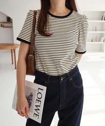 テレコリブボーダーパフスリーブTシャツ