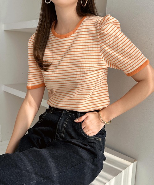 andme(アンドミー)の「テレコリブボーダーパフスリーブTシャツ(Tシャツ/カットソー・レディース・オレンジ系その他/ブラック×ホワイト/グリーン系その他/グレー×ホワイト・L/M)」の4枚目の写真