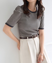 テレコリブボーダーパフスリーブTシャツ