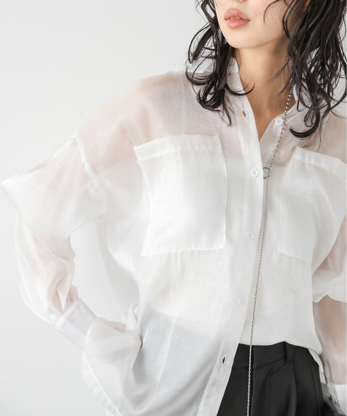 AMELY（エミリー）の「シャイニ―シアーシャツ（シャツ/ブラウス・レディース・ブラック/グレー/ホワイト/ブラウン・フリー）」の8枚目の写真
