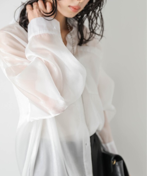 AMELY（エミリー）の「シャイニ―シアーシャツ（シャツ/ブラウス・レディース・ブラック/グレー/ホワイト/ブラウン・フリー）」の7枚目の写真