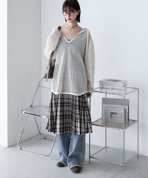 forksy.】オーバーサイズ ロングスリーブ メッシュフーディー