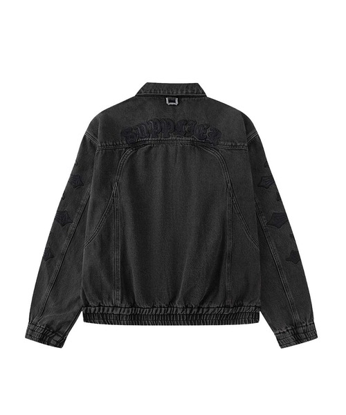 unfil ブラック デニムジャケット セール】デニムジャケット｜Cross Leather Patch Denim Jacket