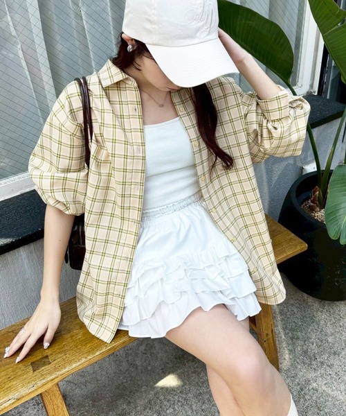 one after another NICE CLAUP(ワンアフターアナザーナイスクラップ)の「ネーム付き/オーバーサイズチェックシャツ(シャツ/ブラウス・レディース・サックスブルー系/イエロー系その他・FREE)」の1枚目の写真