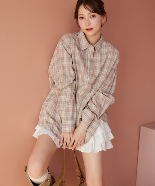 セール】ネーム付き/オーバーサイズチェックシャツ（シャツ/ブラウス