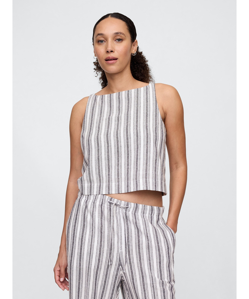 GAP(ギャップ)の「リネンブレンド エプロントップス ノースリーブ(シャツ/ブラウス・レディース・ブラック/ベージュ/ホワイト×グレー・L/M/XS/XXS/S)」の1枚目の写真
