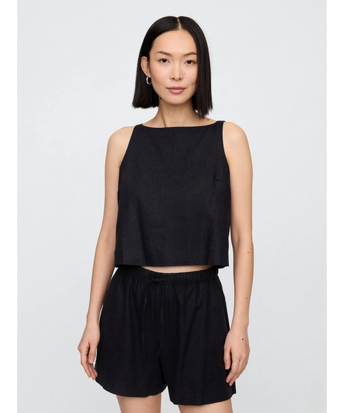 GAP(ギャップ)の「リネンブレンド エプロントップス ノースリーブ(シャツ/ブラウス・レディース・ブラック/ベージュ/ホワイト×グレー・L/M/XS/XXS/S)」の2枚目の写真