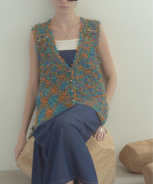 Muel Chic(ミュエルシック)の「Tawa knit long vest タワニットロングベスト(ベスト・レディース・マルチ/ホワイト/ブラック・FREE)」の1枚目の写真