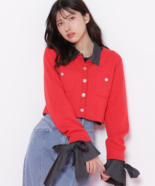 JILL by JILL STUART(ジルバイジルスチュアート)の「◇ブークレーニットジャケット(ニット/セーター・レディース・ホワイト系その他/レッド/ネイビー・FREE)」の1枚目の写真