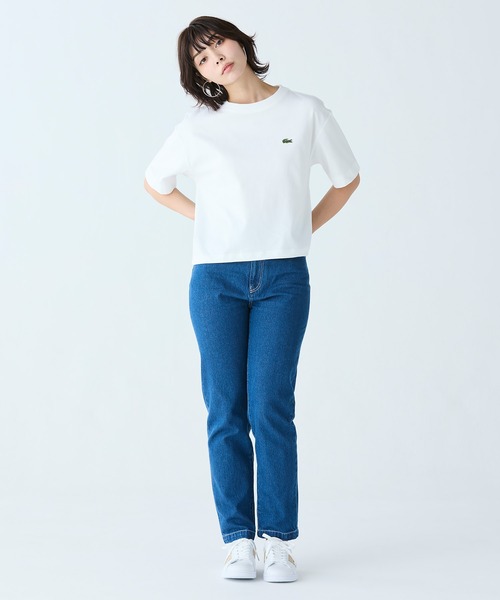 国内即発【LACOSTE】裾口ドローストリング入りクロップドTシャツ セール】裾口ドローストリング入りクロップド5分袖 半袖Tシャツ