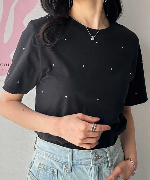 GeeRA(ジーラ)の「綿100%ラインストーンドット半袖Tシャツ(Tシャツ/カットソー・レディース・オフホワイト/ブラック・LARGE/X-LARGE/MEDIUM)」の8枚目の写真