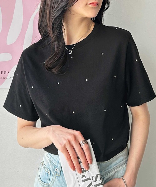 GeeRA(ジーラ)の「綿100%ラインストーンドット半袖Tシャツ(Tシャツ/カットソー・レディース・オフホワイト/ブラック・LARGE/X-LARGE/MEDIUM)」の11枚目の写真