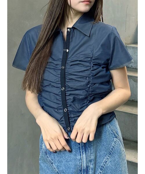 MURUA（ムルーア）の「レイヤードチュールクロップドシャツ（シャツ/ブラウス・レディース・ブラック/その他/グレー・FREE）」の2枚目の写真