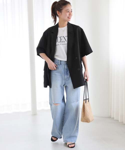 JOURNAL STANDARD relume（ジャーナルスタンダード　レリューム）の「《追加》ソフトリネンMIXハーフスリーブジャケット（テーラードジャケット・レディース・ブラック/ベージュ・FREE）」の3枚目の写真