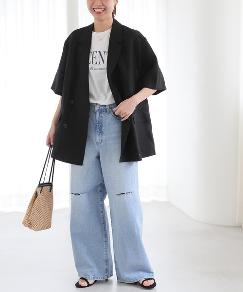 JOURNAL STANDARD relume（ジャーナルスタンダード　レリューム）の「《追加》ソフトリネンMIXハーフスリーブジャケット（テーラードジャケット・レディース・ブラック/ベージュ・FREE）」の4枚目の写真