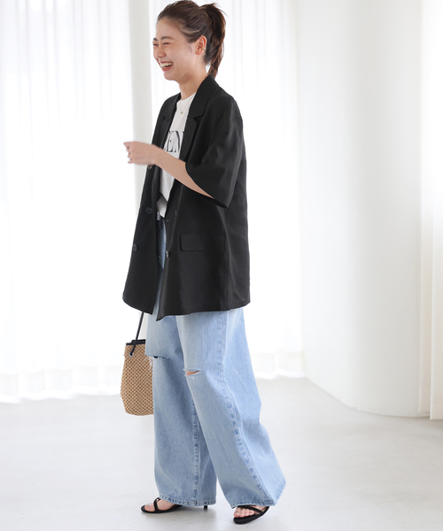 JOURNAL STANDARD relume（ジャーナルスタンダード　レリューム）の「《追加》ソフトリネンMIXハーフスリーブジャケット（テーラードジャケット・レディース・ブラック/ベージュ・FREE）」の5枚目の写真