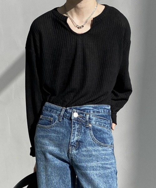 NOWLE（ノウル）の「【NOWLE】ワッフル デザイン Uネック 無地 ロンT（Tシャツ/カットソー・メンズ・グレー/ブラック/ホワイト・MEDIUM/LARGE/X-LARGE）」の9枚目の写真