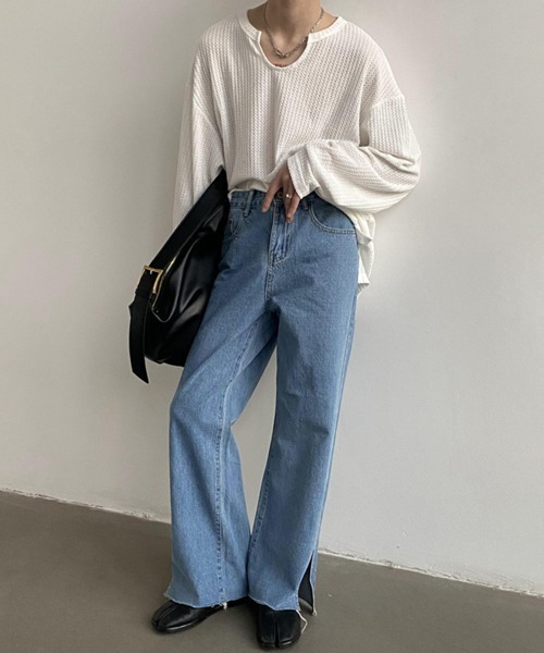 NOWLE（ノウル）の「【NOWLE】ワッフル デザイン Uネック 無地 ロンT（Tシャツ/カットソー・メンズ・グレー/ブラック/ホワイト・MEDIUM/LARGE/X-LARGE）」の6枚目の写真