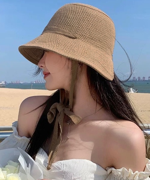 shopnikoniko（ショップニコニコ）の「ストローハット リボン 紐付き ペーパー編み  帽子 ハット（ハット・レディース・アイボリー/ベージュ/ブラック・フリー）」の3枚目の写真