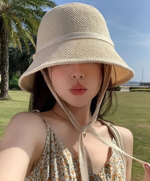 shopnikoniko（ショップニコニコ）の「ストローハット リボン 紐付き ペーパー編み  帽子 ハット（ハット・レディース・アイボリー/ベージュ/ブラック・フリー）」の2枚目の写真