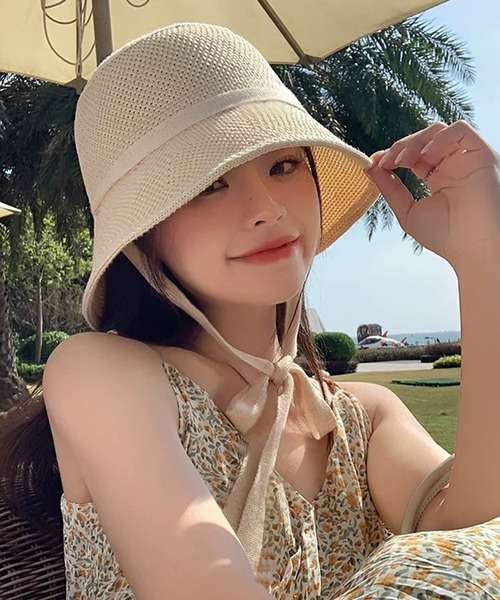 shopnikoniko（ショップニコニコ）の「ストローハット リボン 紐付き ペーパー編み  帽子 ハット（ハット・レディース・アイボリー/ベージュ/ブラック・フリー）」の5枚目の写真