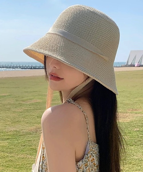 shopnikoniko（ショップニコニコ）の「ストローハット リボン 紐付き ペーパー編み  帽子 ハット（ハット・レディース・アイボリー/ベージュ/ブラック・フリー）」の6枚目の写真