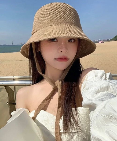 shopnikoniko（ショップニコニコ）の「ストローハット リボン 紐付き ペーパー編み  帽子 ハット（ハット・レディース・アイボリー/ベージュ/ブラック・フリー）」の12枚目の写真