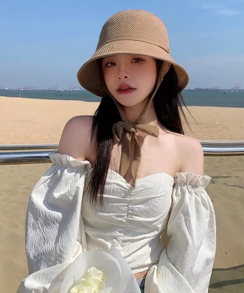 shopnikoniko（ショップニコニコ）の「ストローハット リボン 紐付き ペーパー編み  帽子 ハット（ハット・レディース・アイボリー/ベージュ/ブラック・フリー）」の14枚目の写真