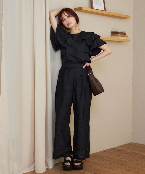 mysty woman（ミスティウーマン）の「パッチワークストレートパンツ 571300（その他パンツ・レディース・オフホワイト/ブラック・FREE）」の8枚目の写真