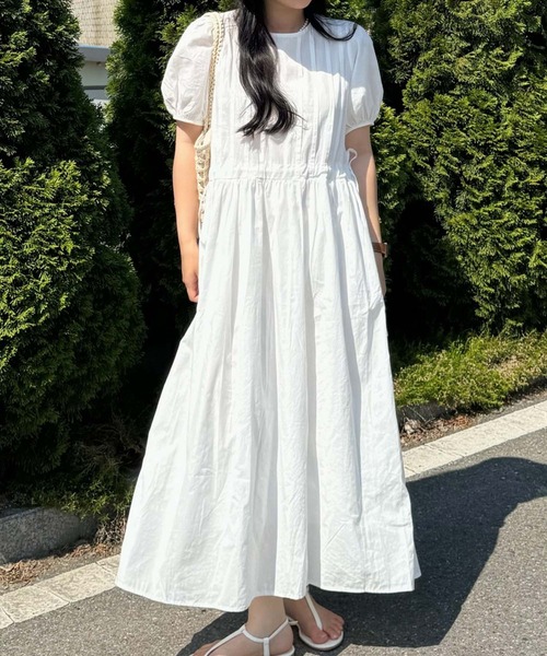国内発送★Sabo Skirtパフスリーブ袖ベビードール風ワンピース セール】パフスリーブタックワンピース（ワンピース）｜Girly