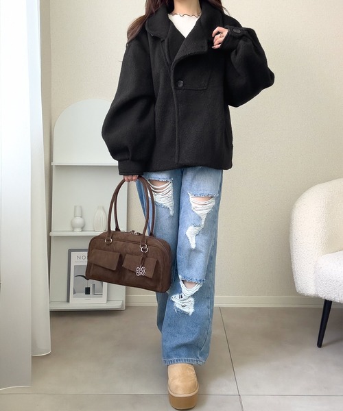 mily bilet（ミウィビレット）の「【mily bilet】コクーンで魅せる。ウールライクリングニットスタンドカラーコート（チェスターコート・レディース・ブラウン/ブラック/アイボリー/グレー・LARGE/MEDIUM/SMALL/X-LARGE）」の18枚目の写真