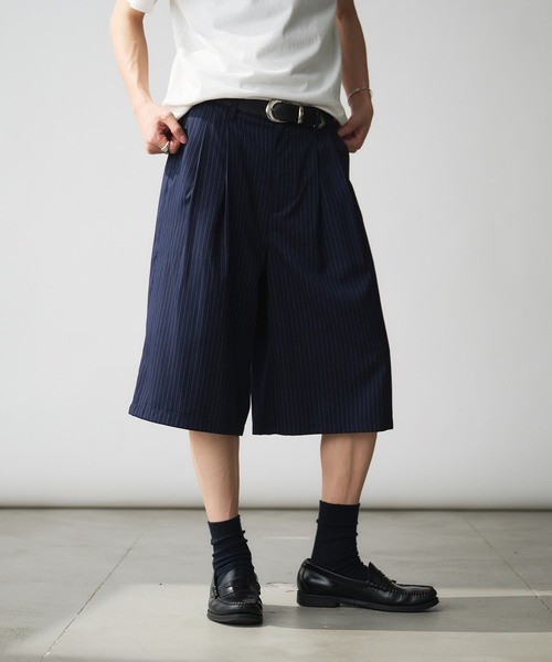 【タグ付き】PLAN C ショートパンツ ストライプ イタリア製 セール】Two-Tuck Wide Stripe Shorts / 2タックワイド