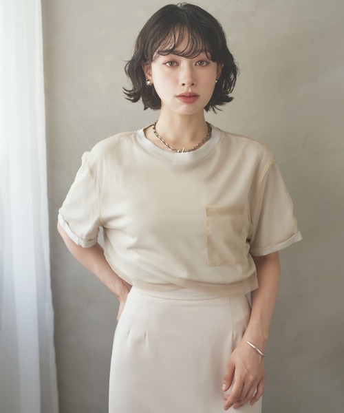 LAULEN(ローレン)の「sheer layered pocket tee /シアーレイヤードクルーネックポケット付きTシャツ(Tシャツ/カットソー・レディース・ベージュ/グレー・FREE)」の3枚目の写真