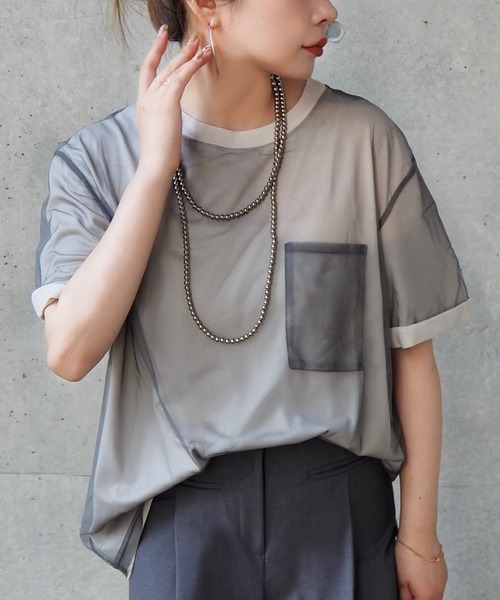LAULEN(ローレン)の「sheer layered pocket tee /シアーレイヤードクルーネックポケット付きTシャツ(Tシャツ/カットソー・レディース・ベージュ/グレー・FREE)」の8枚目の写真