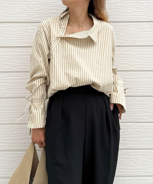 Q（キュー）の「ストライプサイドオープンシャツ（シャツ/ブラウス・レディース・ブラック系その他/ベージュ系その他・MEDIUM）」の16枚目の写真