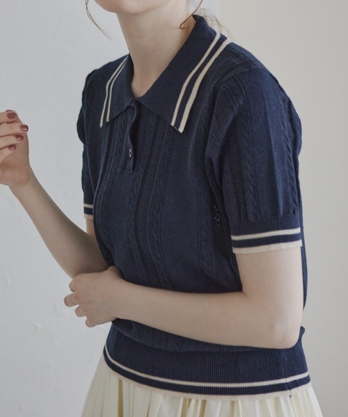 Crisp(クリスプ)の「ラインアクセントポロトップス(ポロシャツ・レディース・グレー/ネイビー・FREE)」の11枚目の写真