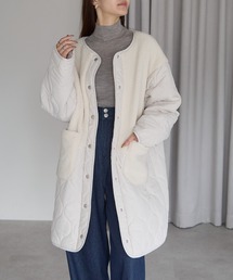 PREFERIR | ノーカラーキルティング×ボア ロングコート(ノーカラーコート)