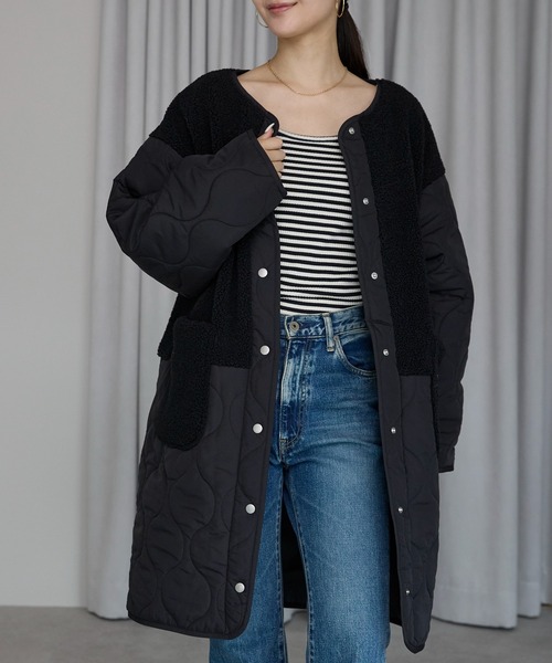 セール】【ゆったりサイズ】ボア ノーカラー キルティング ロング