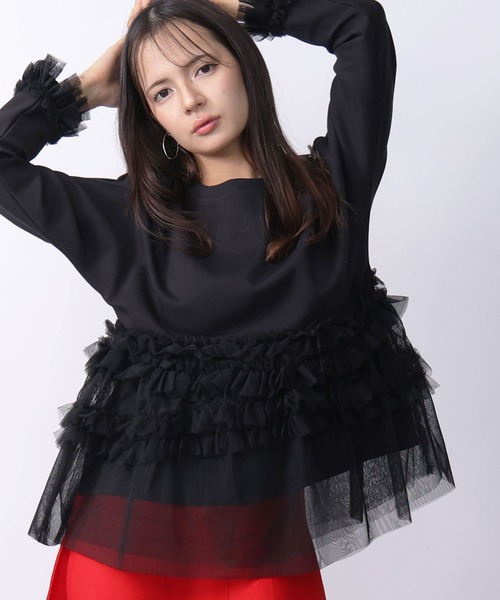 PICCIN PERLA(ピッチンペルラ)の「チュール切り替えプルオーバー(Tシャツ/カットソー・レディース・アイボリー/ブラック・M)」の2枚目の写真