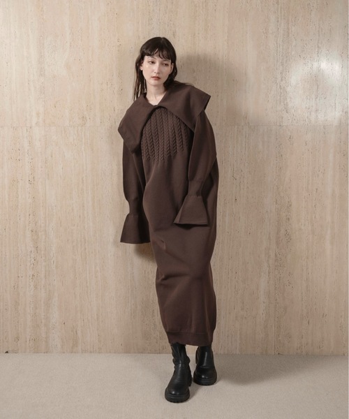 lawgy(ラウジー)の「big collar cuffs flare op / ビッグカラーカフスフレアワンピース(ワンピース・レディース・チャコール/ホワイト/ブラウン・FREE)」の9枚目の写真